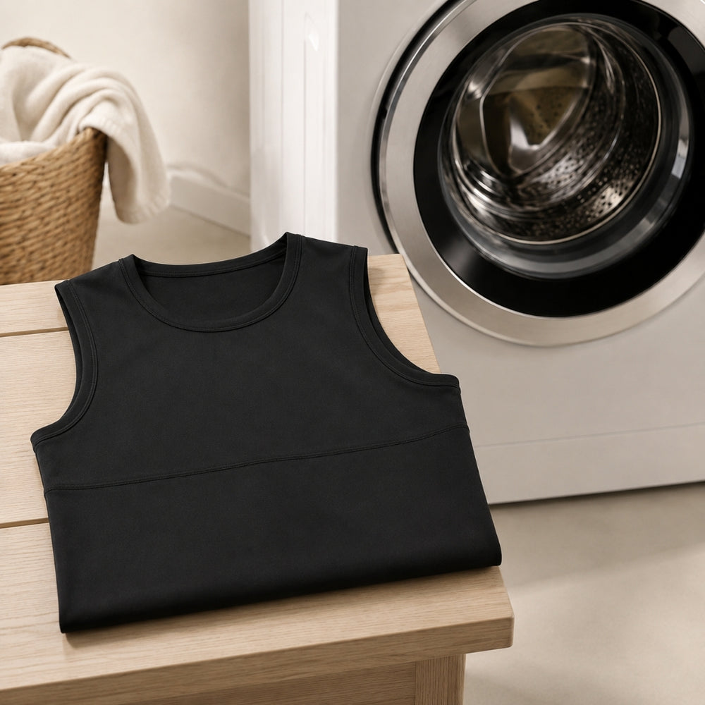 Gros plan du mesh technique du débardeur Trame, maille compressive qui résiste au lavage.